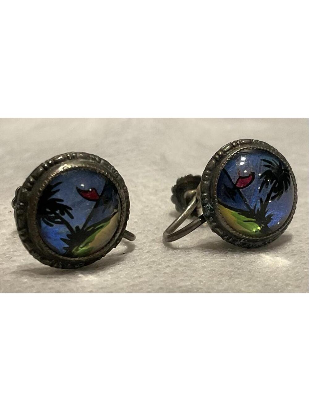 Genuine Silver England Vintage Screw Back Beach Scene Earrings #172